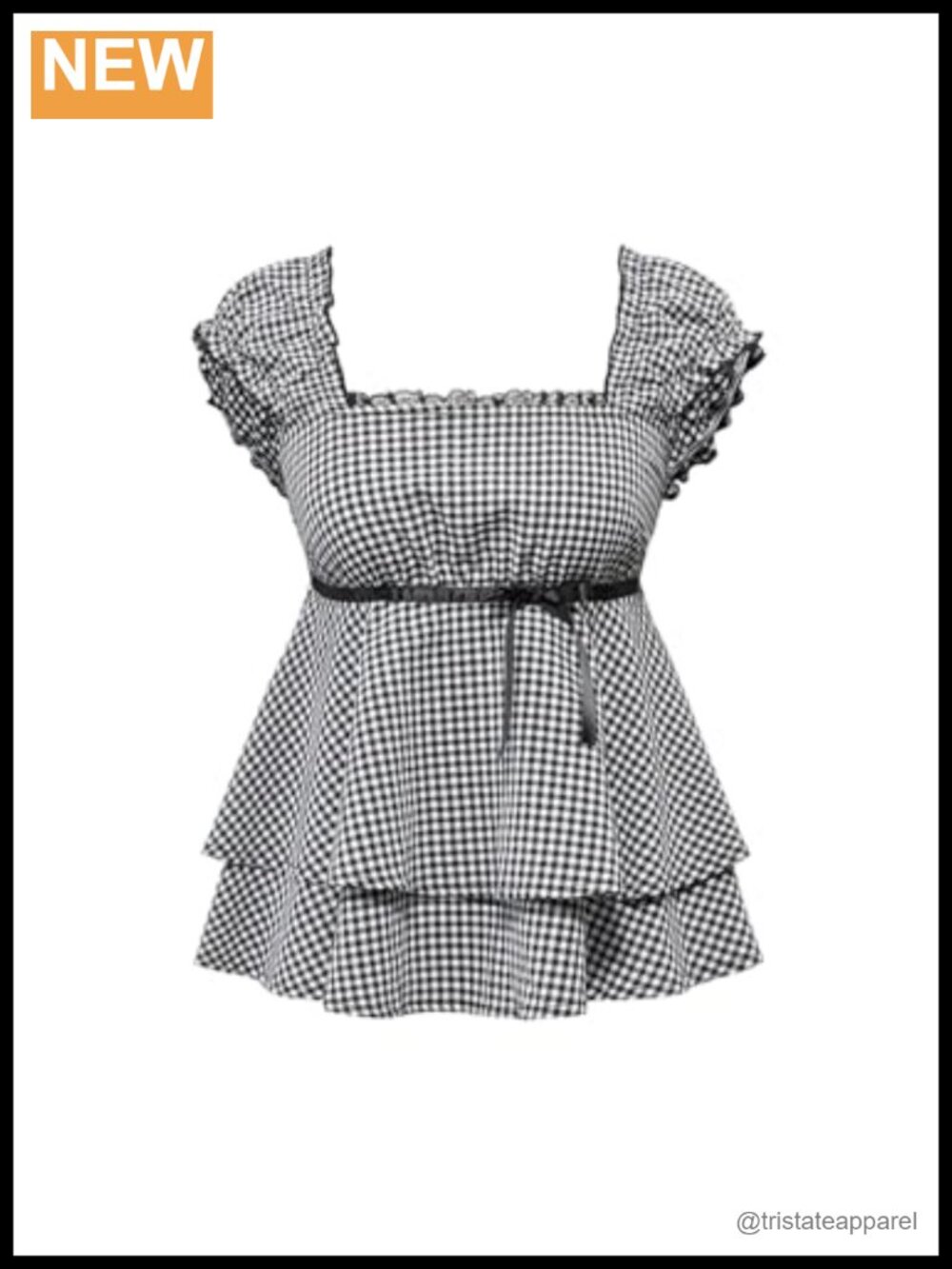 Women's Plus Babydoll Blouse Gingham Square Neck Cap Sleeve Bow Tie Ruffle Hem